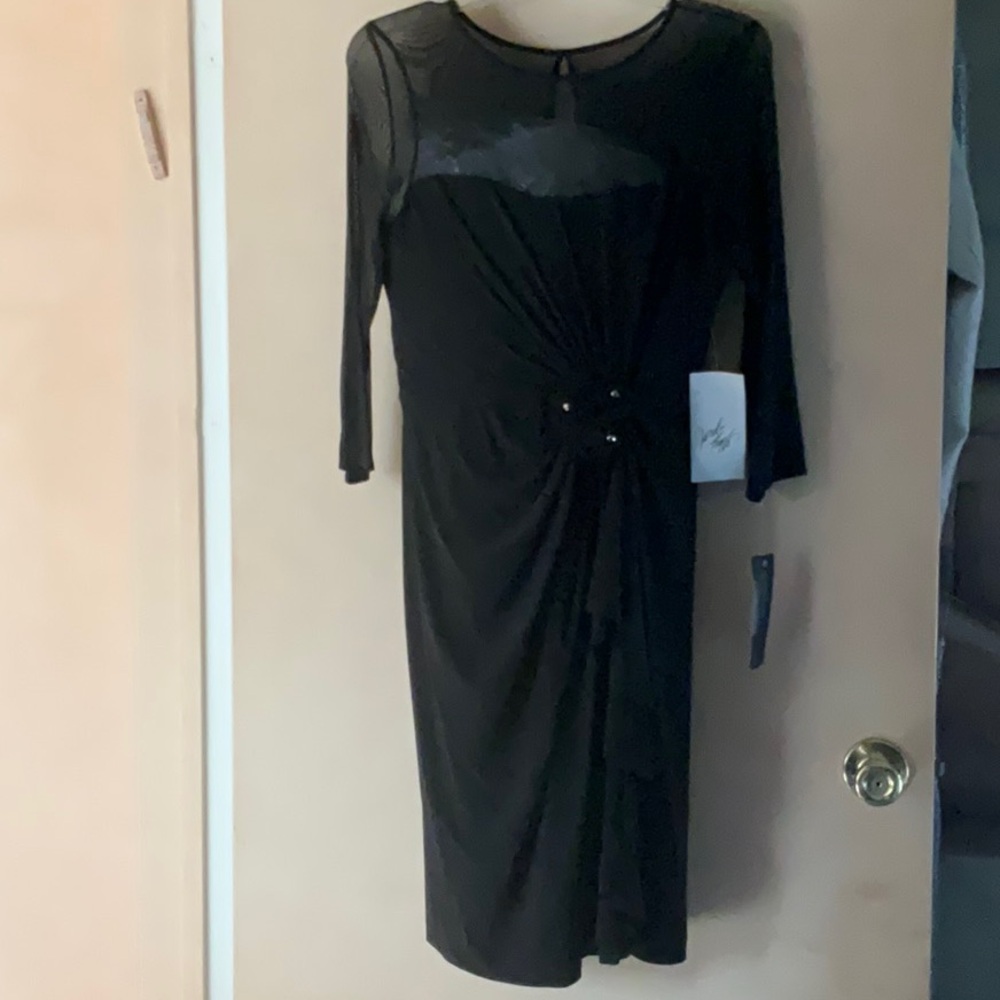 Black Side Ruched Sheath Cocktail Dress with Sheer Mesh Top and Sleeves, Size 8